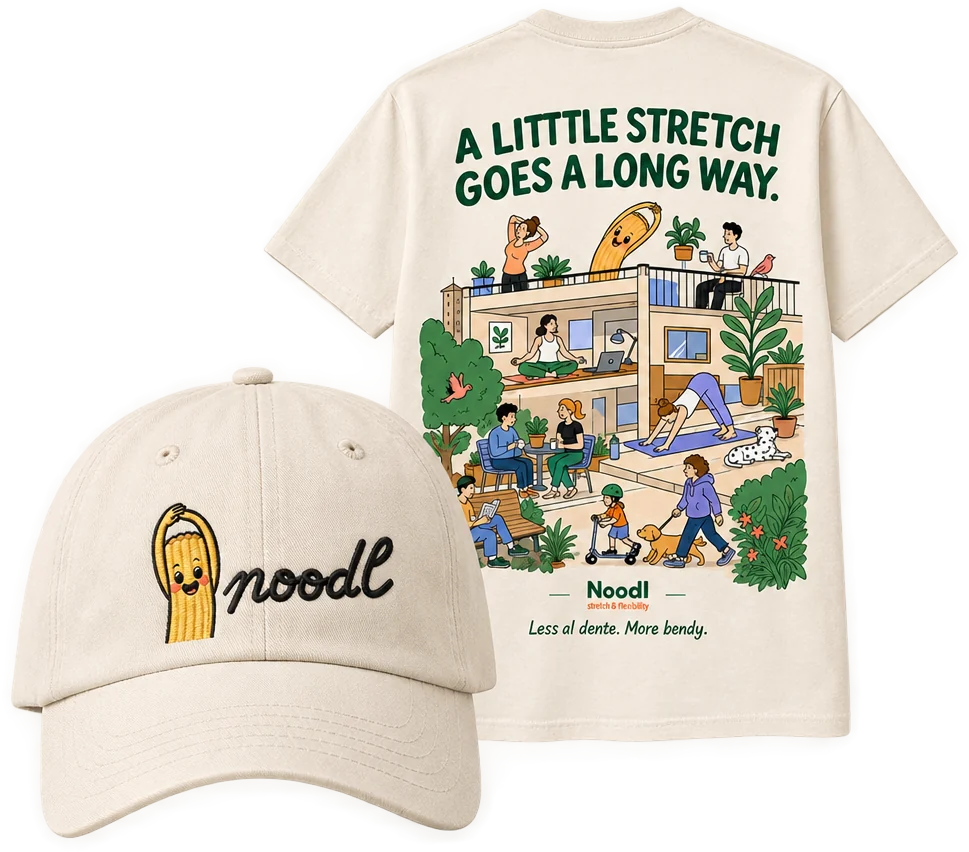 A cream Noodl cap with the noodle embroidered beside the name, in front of a cream tee printed on the back: “A little stretch goes a long way.”